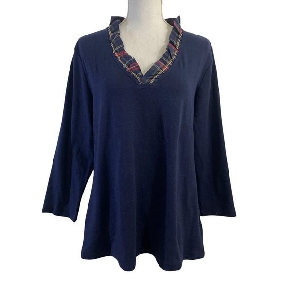 Izod Navy Knit Top Plaid Ruffle Trim Large 3/4 Sleeve Navy Blue Red Yellow Green - Picture 1 of 7